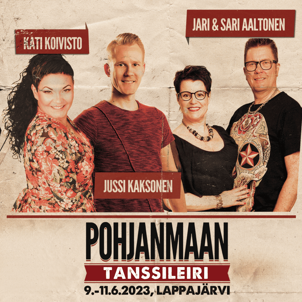 Pohjanmaan Tanssileiri 9.-11.6.2023, opettamassa Sari ja Jari Aaltonen, Kati Koivisto sekä Jussi Kaksonen.